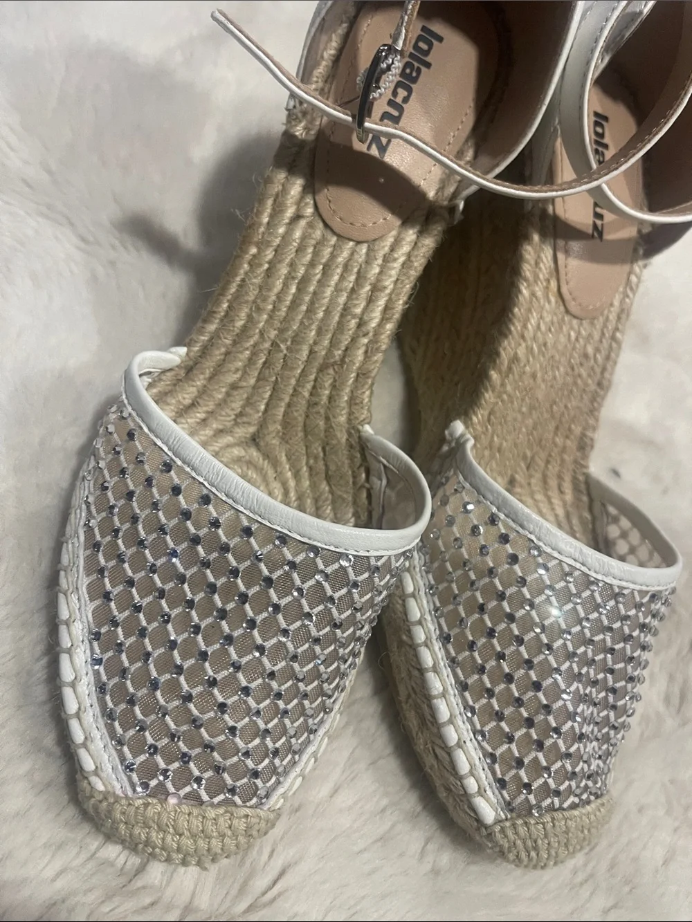 White Woven Espadrille Wedge Sandals with Ankle Strap